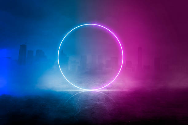 Modern futuristic neon abstract background. Large object in the center, space background. Dark scene with neon light. Reflection of light on a wet surface. stock photo