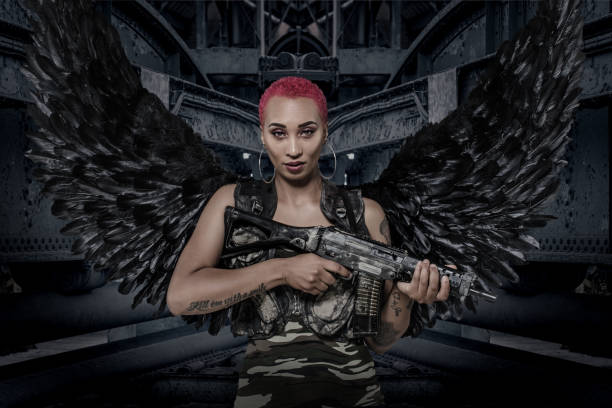 Black Winged Female Warrior Military Angel