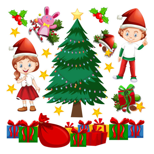 ilustrações de stock, clip art, desenhos animados e ícones de children and christmas tree on white background - boyhood