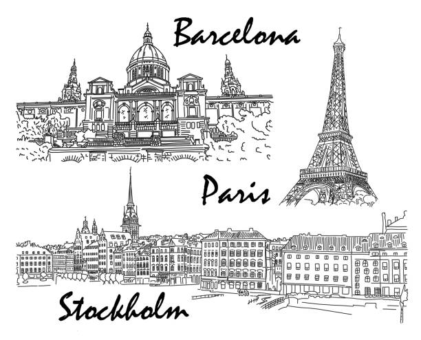set-event in paris, barcelona und stockholm skizze - passport sweden customs europe stock-grafiken, -clipart, -cartoons und -symbole