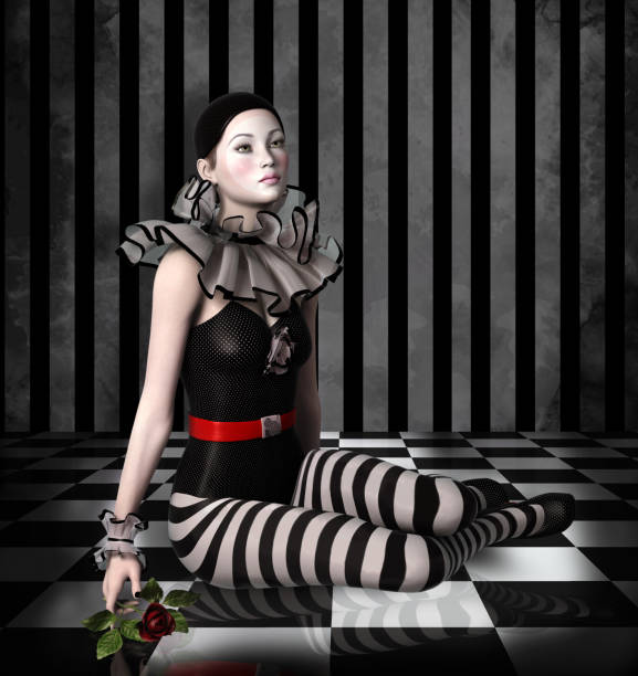 melancholic young girl - harlequin mask black sadness imagens e fotografias de stock
