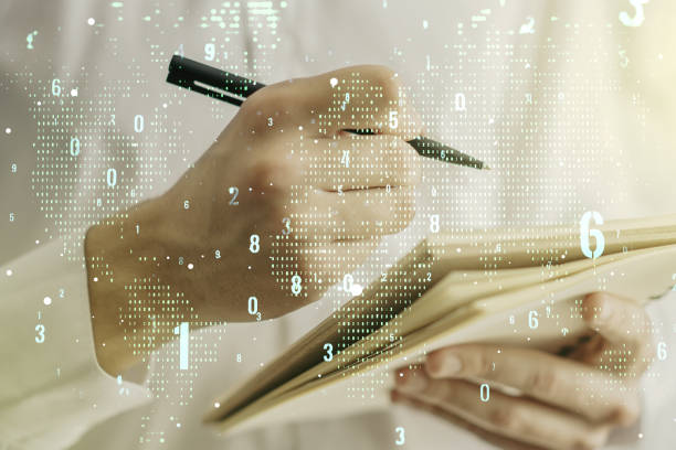 Multi exposure of abstract programming language hologram with world map and man hand writing in notepad on background, artificial intelligence and neural networks concept