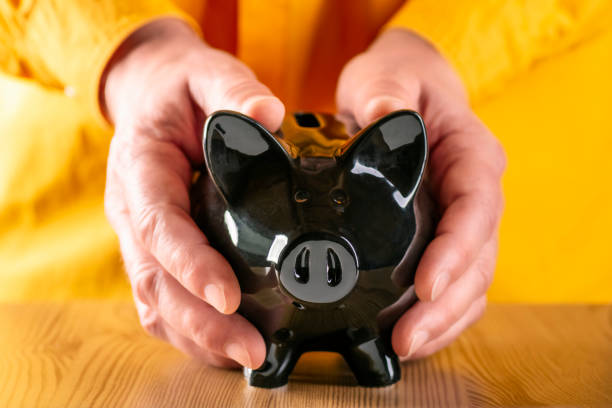 istock Hands clasp a black piggy bank 1213444213
