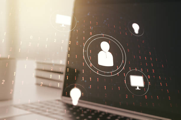 istock Double exposure of social network icons concept with computer on background. Networking concept 1213444258