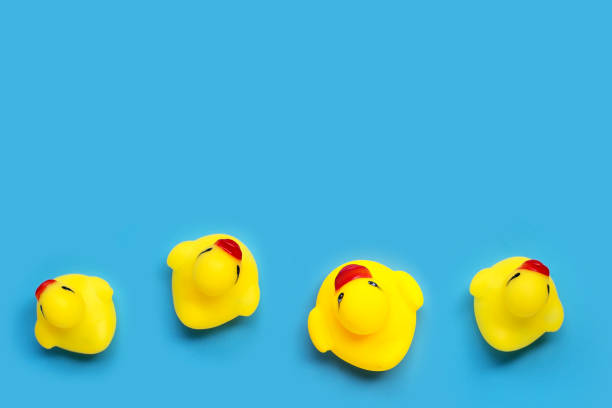 istock Yellow duck toys  on blue background. Kids bath concept. 1213444445