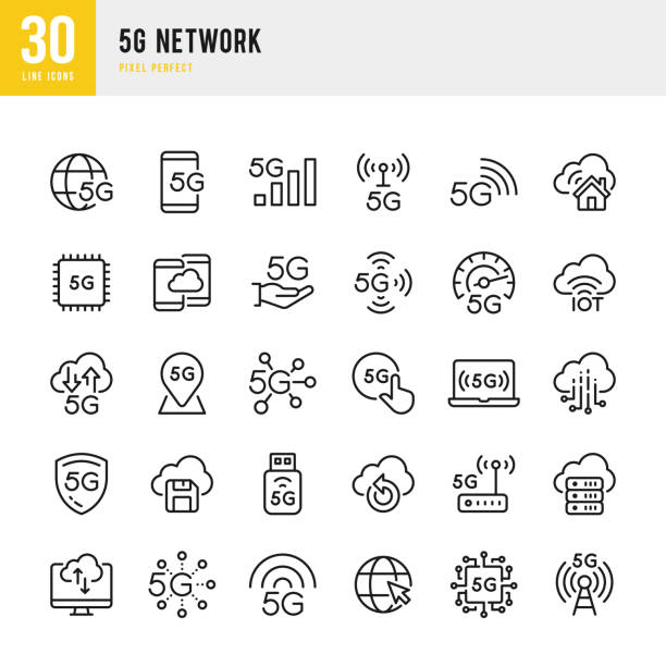 illustrazioni stock, clip art, cartoni animati e icone di tendenza di rete 5g - set di icone vettoriali a linea sottile. pixel perfetto. il set contiene icone: 5g network, cloud computing, big data, internet of things. - 5g