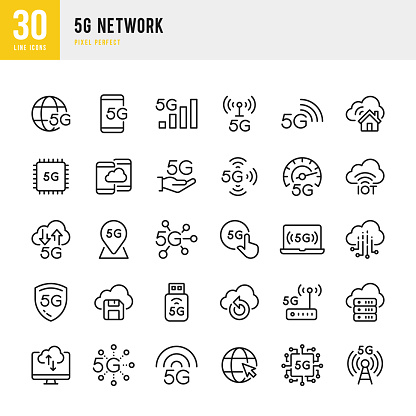 5G Network - thin line vector icon set. 30 linear icon. Pixel perfect. The set contains icons: 5G Network, Cloud Computing, Big Data, Internet of Things, Data Analysis, Cloud Downloading, Autonomous Technology.