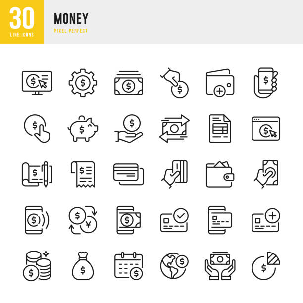 pieniądze - cienka linia wektora zestaw ikon. piksel idealny. zestaw zawiera ikony: karta kredytowa, torba na pieniądze, płatność mobilna, monety, skarbonka. - budget stock illustrations