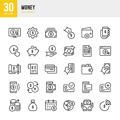 Money - thin line vector icon set. 30 linear icon. Pixel perfect. The set contains icons: Mobile Payment, Contactless Payment, Currency Exchange, Money Bag, Wallet, Piggy Bank.