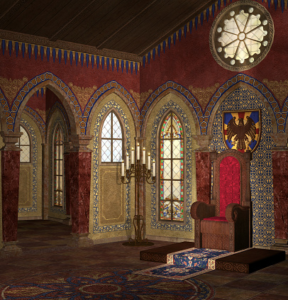 Medieval castle interior with a king's throne – 3D render