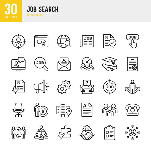 illustrazioni stock, clip art, cartoni animati e icone di tendenza di ricerca processo - set di icone vettoriali a linea sottile. pixel perfetto. il set contiene icone: ricerca lavoro, lavoro di squadra, curriculum, handshake, manager. - job search recruitment occupation employment issues