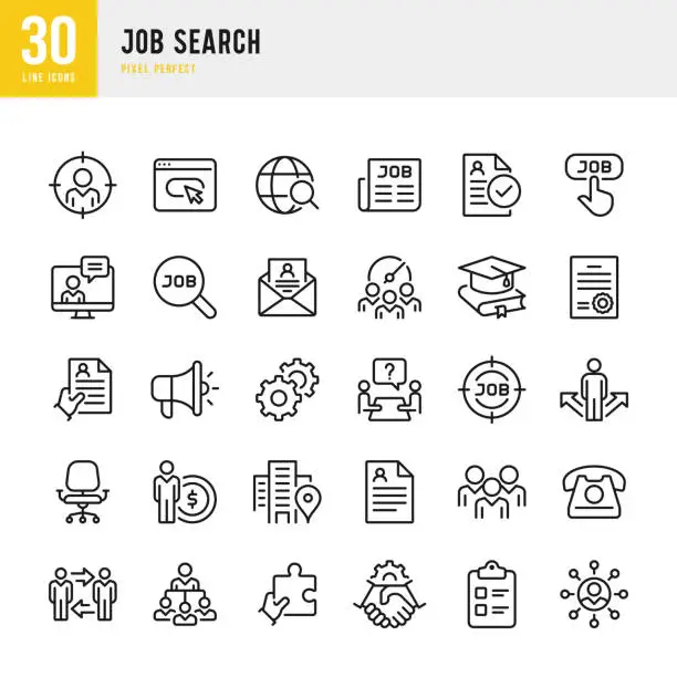 Vector illustration of Job Search - thin line vector icon set. Pixel perfect. The set contains icons: Job Search, Teamwork, Resume, Handshake, Manager.