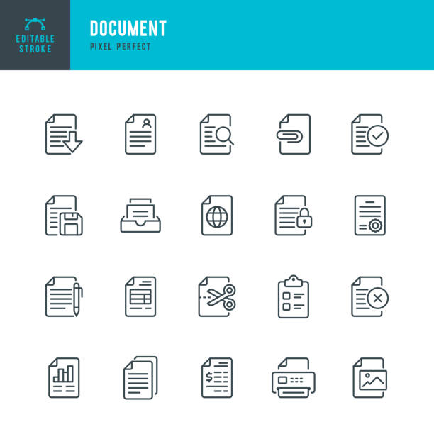 Document - thin line vector icon set. Pixel perfect. Editable stroke. The set contains icons: Document, Clipboard, Resume, File, Archive, File Search. Document - thin line vector icon set. 20 linear icon. Pixel perfect. Editable outline stroke. The set contains icons: Document, Clipboard, Resume, File, File Downloading, File Search, Financial Bill, File Print, Archive. paper symbols stock illustrations