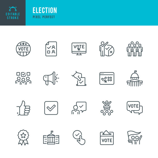 선거 - 가는 선 벡터 아이콘 세트입니다. 편집 가능한 스트로크입니다. 픽셀 완벽. 이 세트에는 선거, 정치, 투표, 국회 의사당, 백악관, 대통령 선거 와 같은 아이콘이 포함되어 있습니다. - presidential election 이미지 stock illustrations