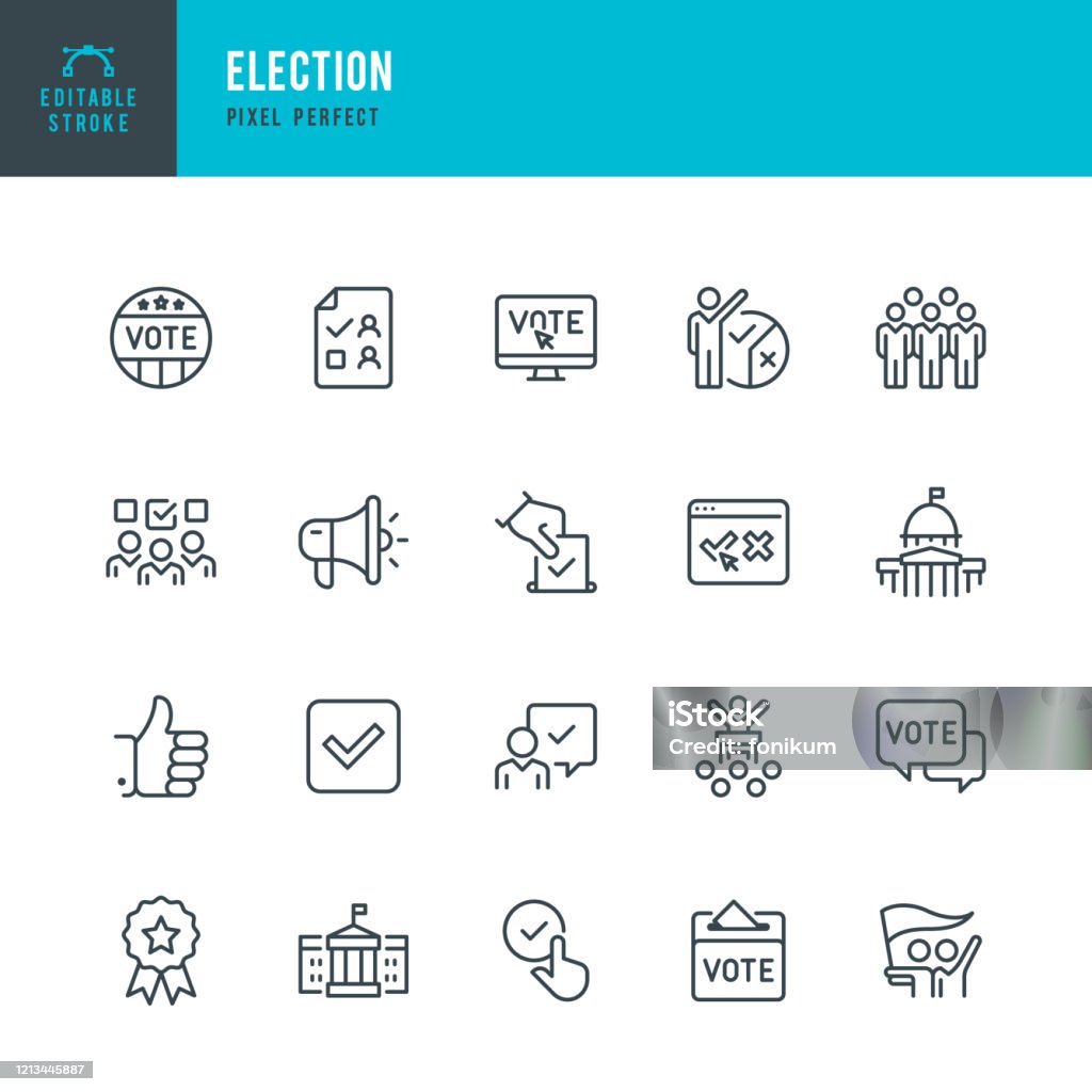ELECTION - thin line vector icon set. Editable stroke. Pixel perfect. The set contains icons: Election, Politics, Voting, Capitol Building, White House, Presidential Election. ELECTION - thin line vector icon set. 20 linear icon. Editable stroke. Pixel perfect. The set contains icons: Election, Politics, Voting, Capitol Building, White House, Presidential Election, Protest. Icon stock vector