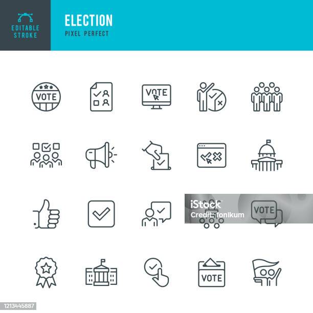 Election Thin Line Vector Icon Set Editable Stroke Pixel Perfect The Set Contains Icons Election Politics Voting Capitol Building White House Presidential Election Stock Illustration - Download Image Now