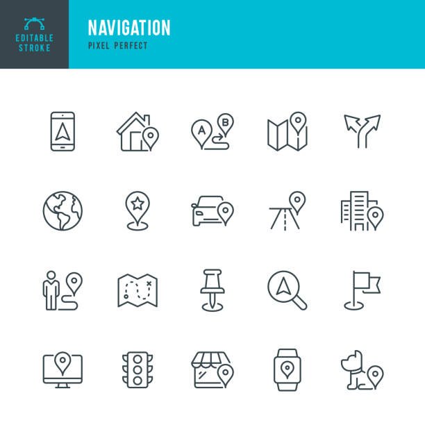 ilustrações de stock, clip art, desenhos animados e ícones de navigation - thin line vector icon set. pixel perfect. editable stroke. the set contains icons: gps, map, distance marker, navigation, walking, mobile phone, flag, traffic light, domestic animals. - earth mover illustrations