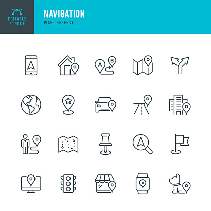 Navigation - thin line vector icon set. 20 linear icon. Pixel perfect. Editable outline stroke. The set contains icons: GPS, Map, Distance Marker, Navigation, Walking, Mobile Phone, Flag, Traffic Light, Domestic Animals.