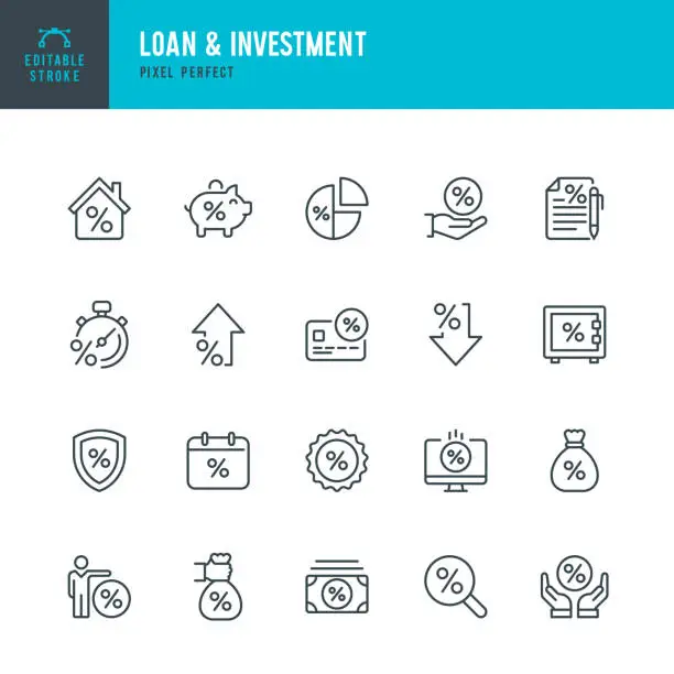 Vector illustration of Loan & Investment - thin line vector icon set. Pixel perfect. Editable stroke. The set contains icons: Interest Rate, Loan, Investment, Bank Deposit, Expense, Mortgage.
