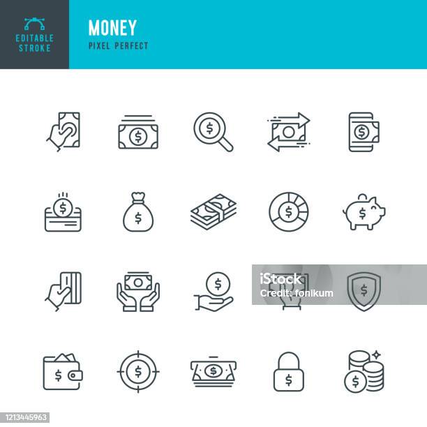 Ilustración de Money Conjunto De Iconos Vectoriales De Línea Delgada Píxel Perfecto Trazo Editable El Conjunto Contiene Iconos Tarjeta De Crédito Bolsa De Dinero Moneda De Papel Monedas Cajero Automático Banco De Cerdos y más Vectores Libres de Derechos de Ícono