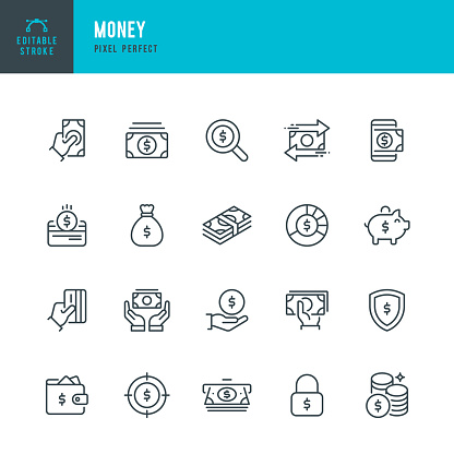 Money - thin line vector icon set. 20 linear icon. Pixel perfect. Editable outline stroke. The set contains icons: Credit Card, Money Bag, Paper Currency, Coins, ATM, Piggy Bank, Cashback.