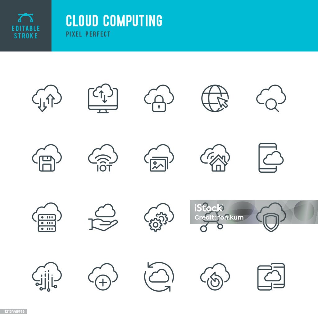 Cloud Computing - zestaw ikon wektorowych cienkich linii. Piksel idealny. Edytowalne obrys. Zestaw zawiera ikony: Cloud Computing, Data Analyzing, Data Center, Internet of Things. - Grafika wektorowa royalty-free (Ikona)