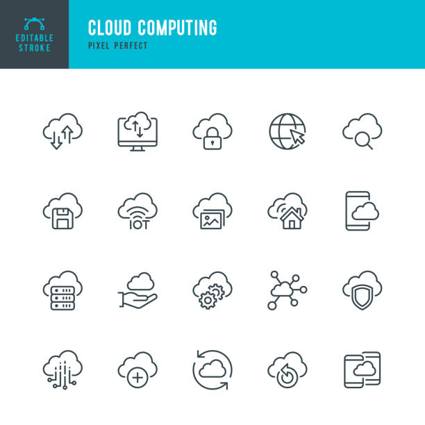 ilustrações, clipart, desenhos animados e ícones de cloud computing - conjunto de ícones de vetor de linha fina. pixel perfeito. traçado editável. o conjunto contém ícones: cloud computing, data analyzeing, data center, internet of things. - cloud