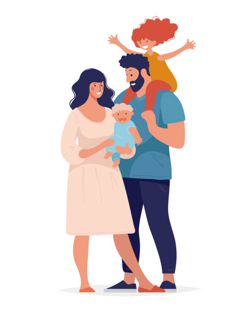A modern young couple standing with two children, a traditional happy family. Man and woman with kids, son and daughter. Characters for design. Vector flat cartoon illustration on white background. A modern young couple with two children, a traditional happy family. Man and woman with kids. Characters for design. Vector flat cartoon illustration on white background happy family stock illustrations
