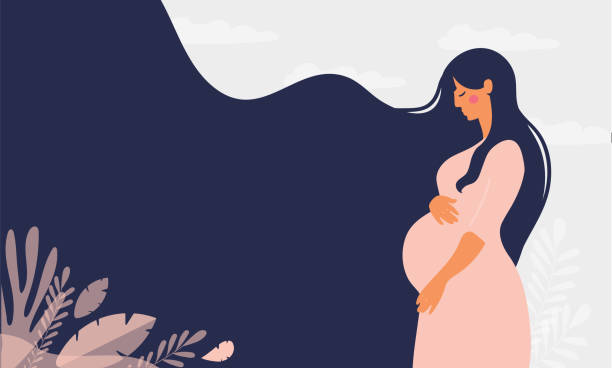 Modern banner about pregnancy and motherhood. Poster with a beautiful young pregnant woman with long hair and place for text. Minimalistic design, flat cartoon vector illustration. Modern banner about pregnancy and motherhood. Poster with a beautiful young pregnant woman with long hair and place for text. Minimalistic design, flat cartoon vector illustration anticipation illustrations stock illustrations