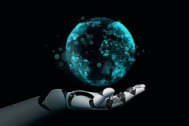 istock 3D rendering Planet Earth on robot hand stock photo 1213447149