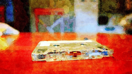watercolor representing an audio cassette, a vintage object that still works well