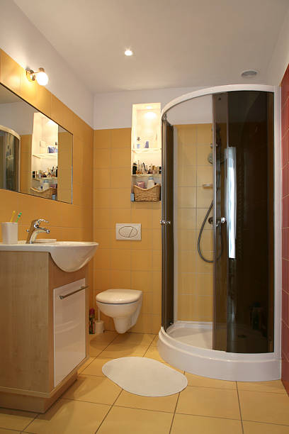 istock Yellow bathroom, shower, mirror, water closet, handbasin 121344914