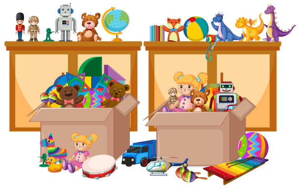 istock Shelf and box full of toys on white background 1213449171