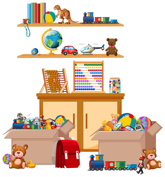 istock Shelf full of books and toys on white background 1213449232
