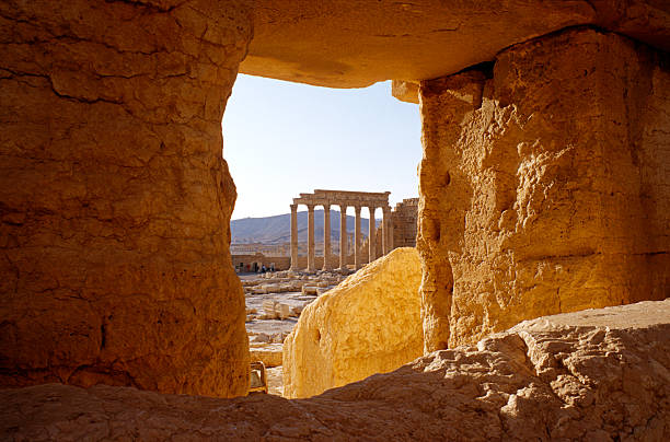 view on an ancient ruins in palmyra, central syria - harabe fotoğraflar stok fotoğraflar ve resimler