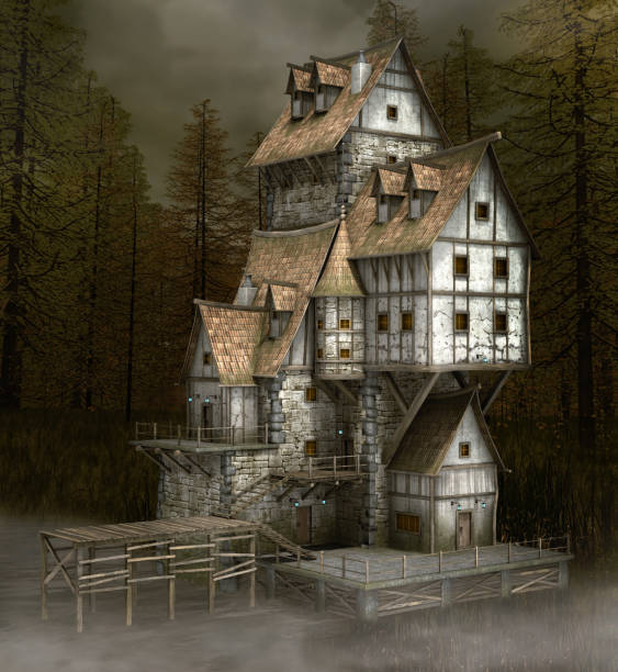 casa de bruxas em um cenário florestal assustador - fog old stone bridge - fotografias e filmes do acervo