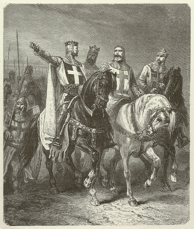 The four leaders of the First Crusade: Godfrey of Bouillon (c. 1060 – 1100), Raymond IV of Toulouse (c. 1041/42 – 1105), Bohemond I (c. 1058 – 1111) and Tancred of Hauteville (980 – 1041). Woodcut engraving after drawing by Alphonse de Neuville (French painter, 1836-1885), published in 1881.