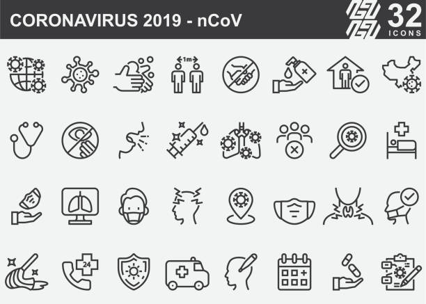 ilustraciones, imágenes clip art, dibujos animados e iconos de stock de iconos de la línea de prevención de enfermedades del coronavirus 2019-ncov - neumonía