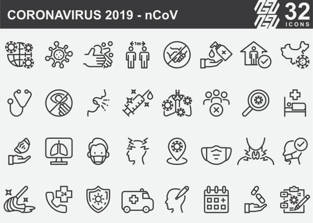 코로나바이러스 2019-ncov 질병 예방 라인 아이콘 - coughing virus bacterium sneezing stock illustrations