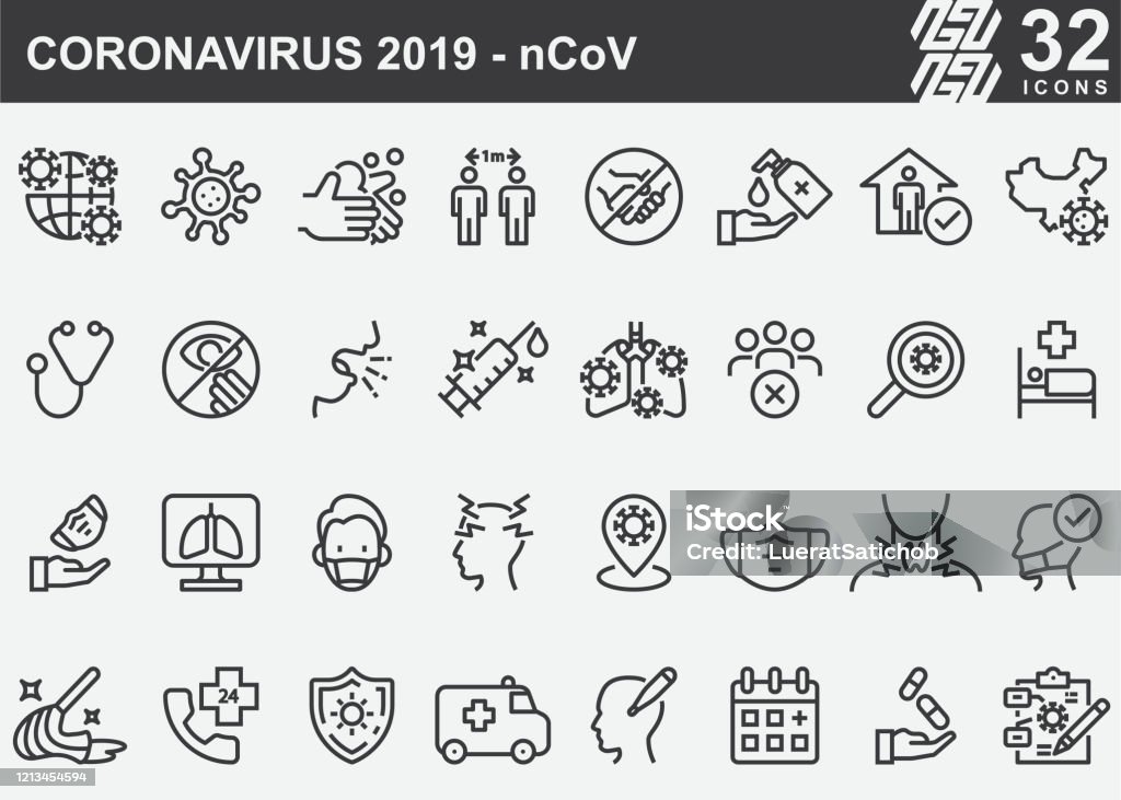 Coronavirus 2019-nCoV Disease Prevention Line Icons Icon Symbol stock vector