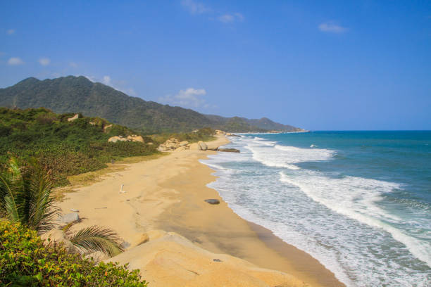 Beautiful sandy beach and blue ocean with white waves and green hills covered by rain forest at Tayrona National Park, Colombia