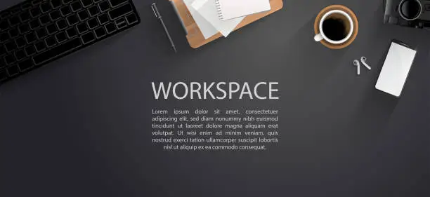 Vector illustration of Top view of modern workspace with office supplies on black table, Vector illustration