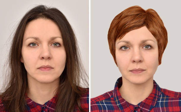 istock Woman before and after wearing a wig 1213461643