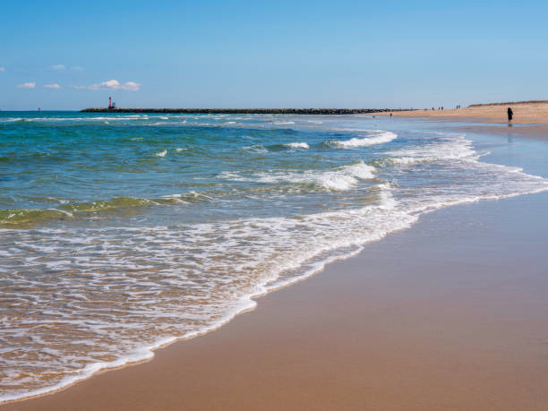 paesaggio marino con molo orizzontale e onde bianche del mare che rotolano sulla spiaggia di scusset a cape cod bay - cape cod bay foto e immagini stock