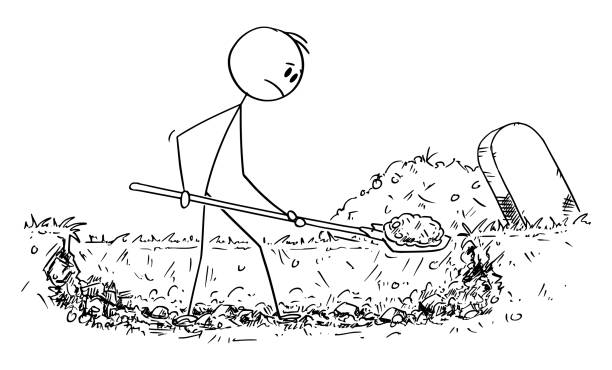 Vector Cartoon Illustration of Man Digging Grave Vector cartoon stick figure drawing conceptual illustration of man digging grave. grave digger stock illustrations