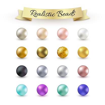 Big Set of Realistic Beads. 3d glossy sphere isolated on white background. Rose gold, platinum, glitter, silver, pearl, bronze, blue, black balls. Vector illustration for web design, decoration, print