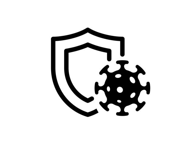 Immune system concept. Hygienic medical black shield protecting from coronavirus COVID-19 icon. Human immunity sign. Corona virus defense symbol vector illustration Immune system concept. Hygienic medical black shield protecting from coronavirus COVID-19 icon. Human immunity sign. Corona virus defense symbol vector isolated illustration antiviral drug stock illustrations