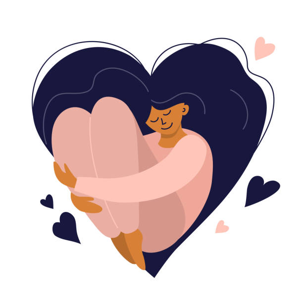 Body positive, self care or happy women’s day illustration Cute girl with heart shaped long hair. Self care, love yourself icon or body positive concept. Happy woman hugs her knees. Illustration of International Women's day. Vector postcard, valentines card. love emotion stock illustrations