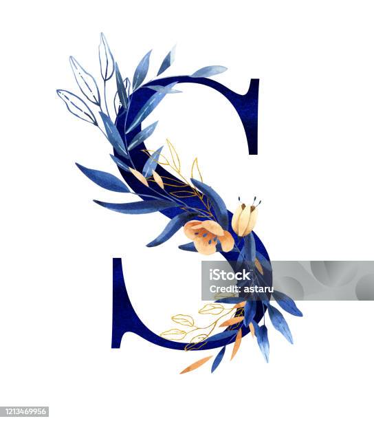 Watercolor Letter S Hand Painted Floral Monogram Logo In Deep Blue