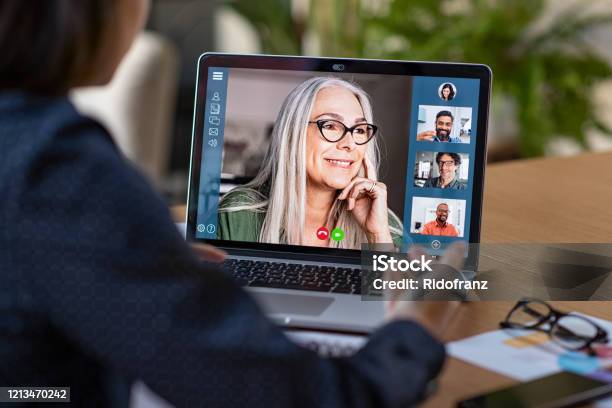 Business Team In Video Conference Stock Photo - Download Image Now - Video Conference, Video Call, Computer Monitor
